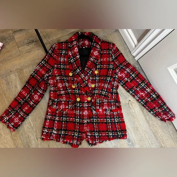 Red Tweed Plaid Blazer - Size M - Picture 5 of 6